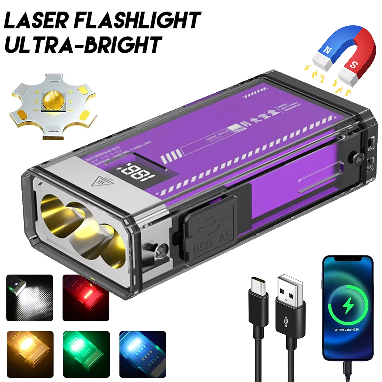 

3600LM светодиодный многофункциональный фонарик EDC Type-C, зарядное устройство, сильный магнитный портативный фонарь для уличного кемпинга, пешего туризма, фонаря