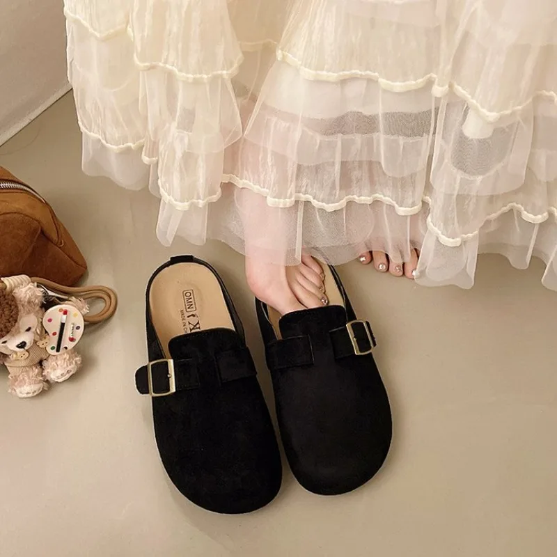 Women's Autumn High-Quality Asgardian Cork Sole Clogs and Slippers, 2026 New Fashionable Cowhide Suede Flat Mule Buckle Sandals