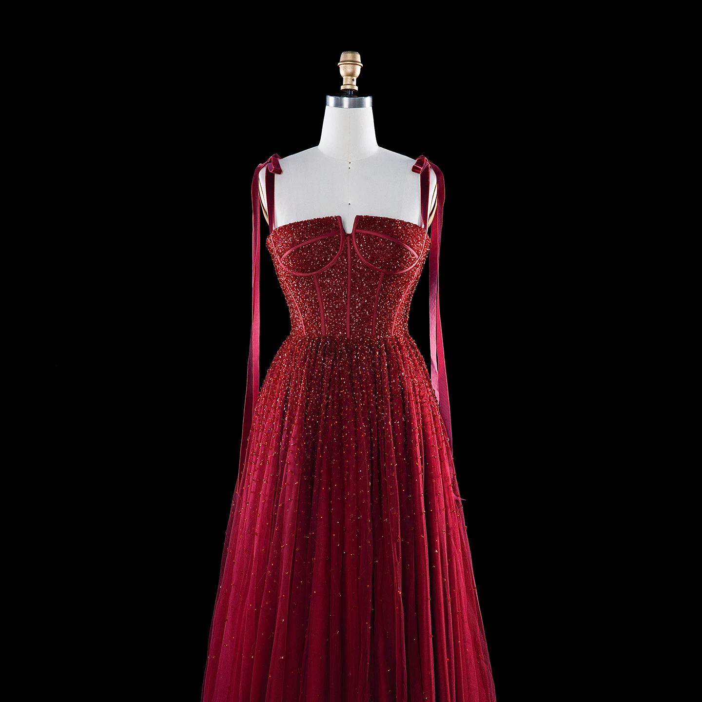 Sharon Said Burgunder Abendkleid mit Spaghettiträgern, Schleife, Perlenstickerei, fließendem Tüll, A-Linie, formelle Partykleider SS263, maßgeschneidert – Detail 6