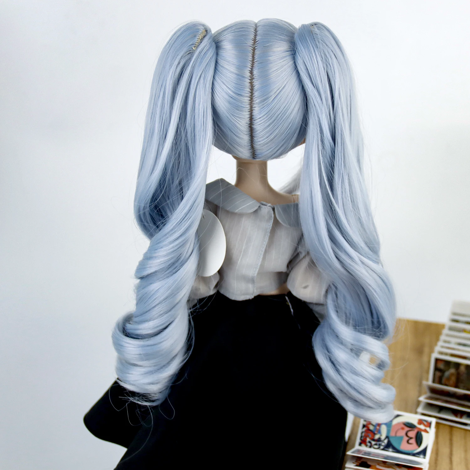 Free Ship 1/3 New Style Pigtails Blue Curly Doll Hair 8-9 Inch For BJD SD Tress Wig Accessories 22cm to 24cm head Synthetic wigs