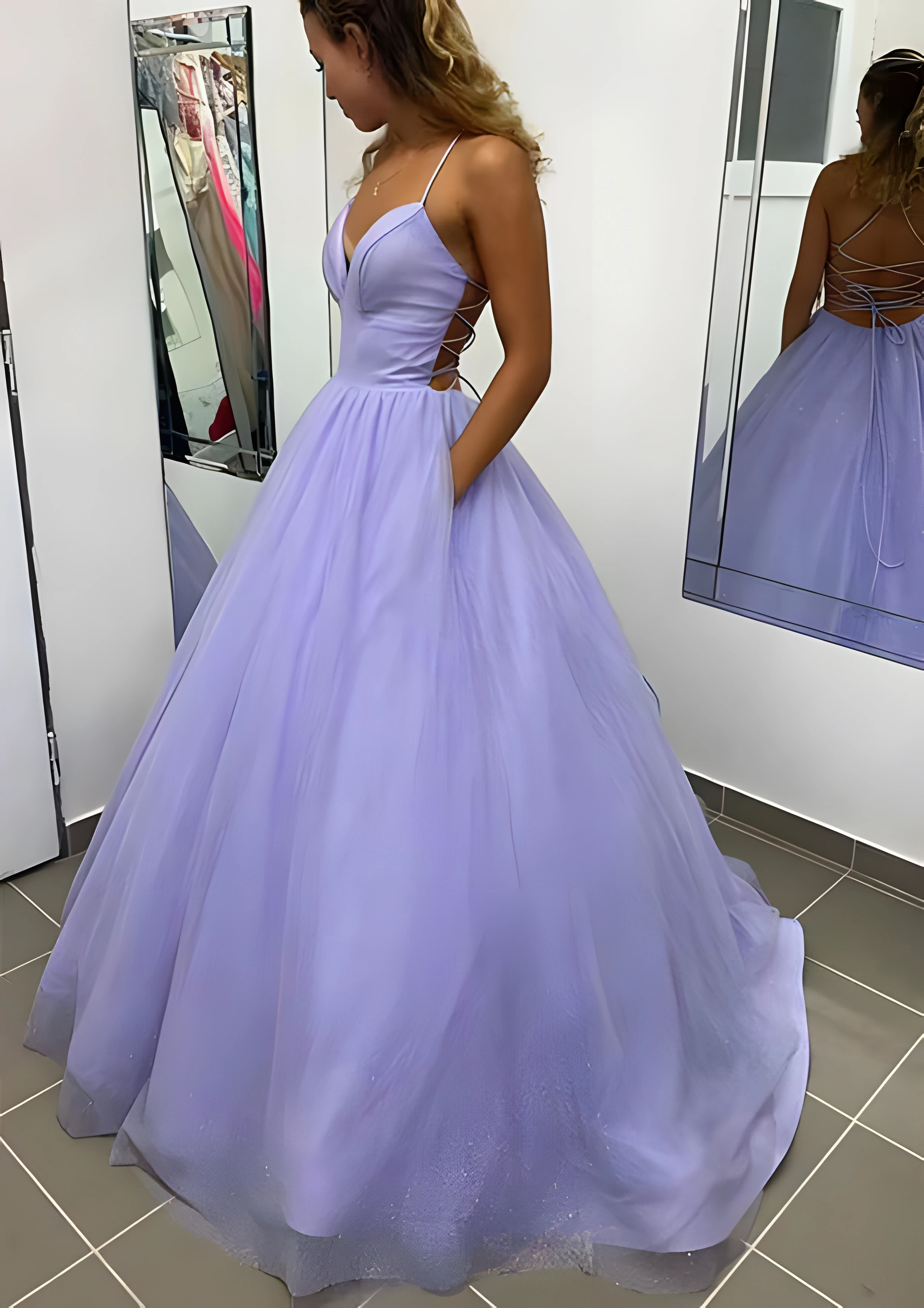 

Dreamy Princess Style Prom Dresses Quinceanera Homecoming A Line V Neck Crossed Straps Sleeveless Floor-Length Hidden Pocket