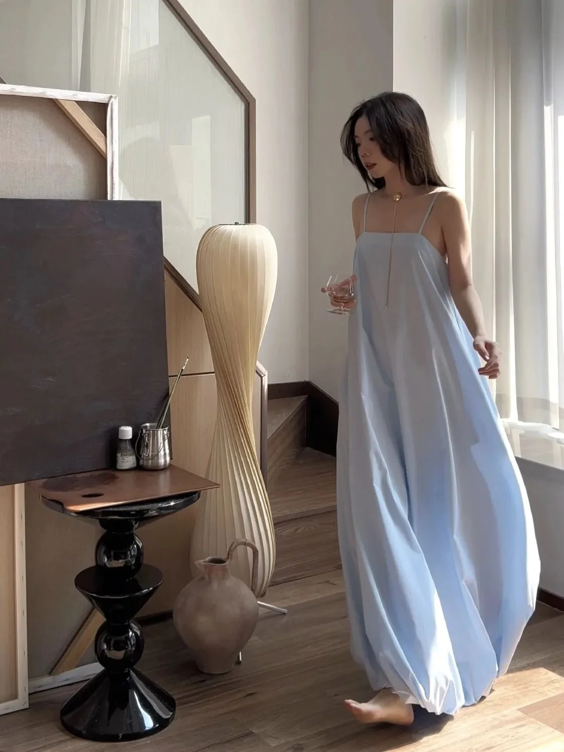 

Women's Light Blue Spaghetti Strap Nightgown - Back Tie Loose Swing Maxi Sleep Dress, Soft Comfortable Loungewear Spring Summer