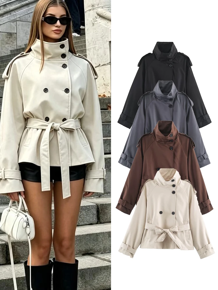 TFMLN Retro Women Trendh Jacket Classic Solid Color Double Breast Bowknot Belt Short Coat Fashion Epaulet Trench Coat 2026 New