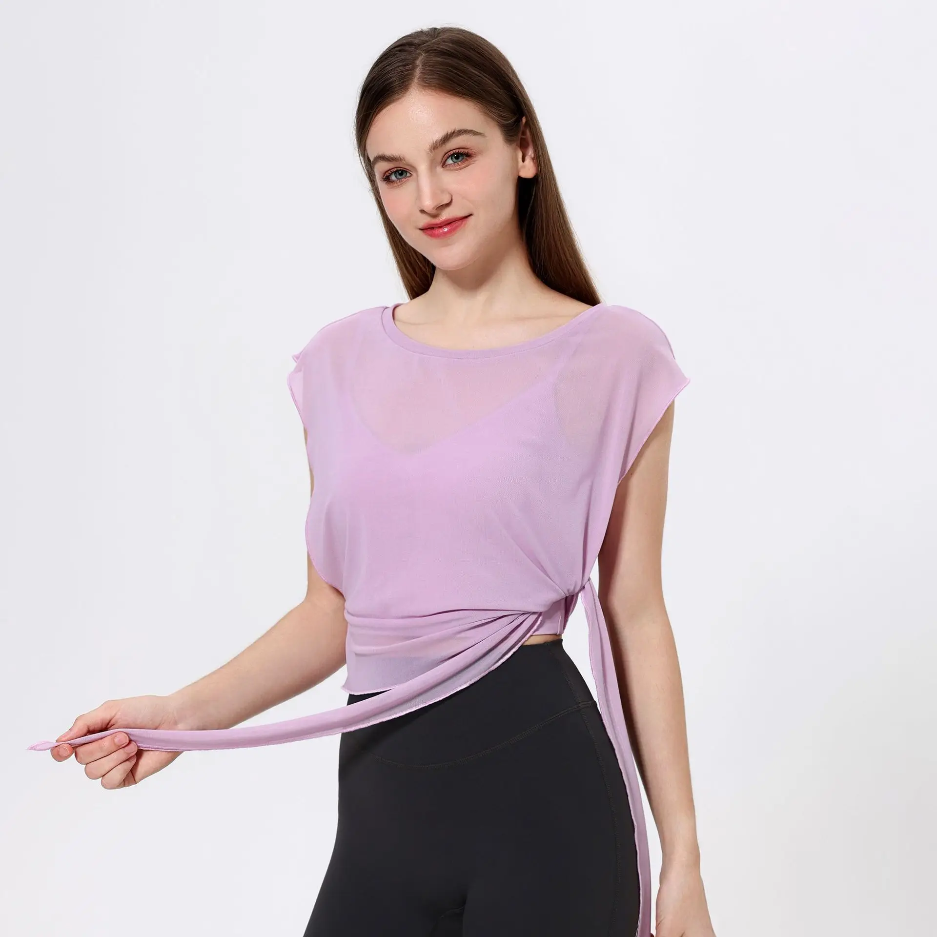 Women Bandage Yoga Shirts Two-Piece Short Sleeves & Bra With Pad Sports T-Shirts Mesh Breathable Running Shirt Gym Fitness Tops