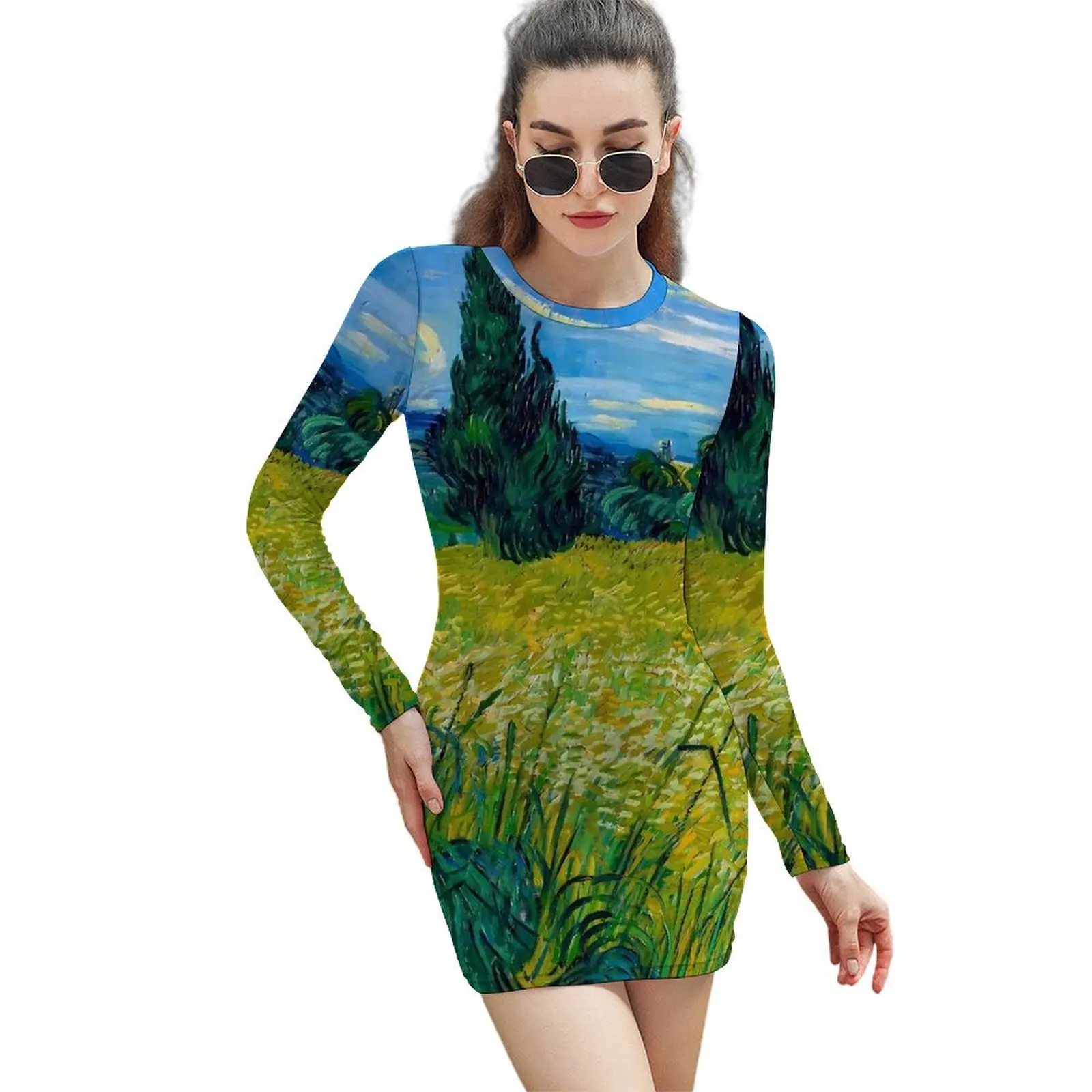 Van Gogh Bodycon Dress Women Green Wheat Field Stylish Dresses Spring Long Sleeve Aesthetic Custom Dress Big Size 2XL