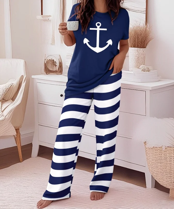 

2-piece anchor patterned short sleeved top and casual striped long sleeved home wear pajama set summer new style