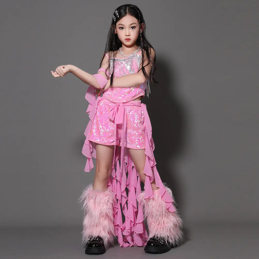 2026 Bambini Costumi di danza jazz per ragazze Gruppo Rosa Paillettes Kpop Abiti Sala da ballo Hip Hop Abiti per spettacoli di danza XH3974