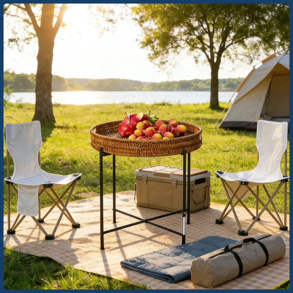 

Портативный плетеный обеденный стол из ротанга — складной круглый походный стол с коричневой отделкой, уличный чайный столик для пикников и кемпинга