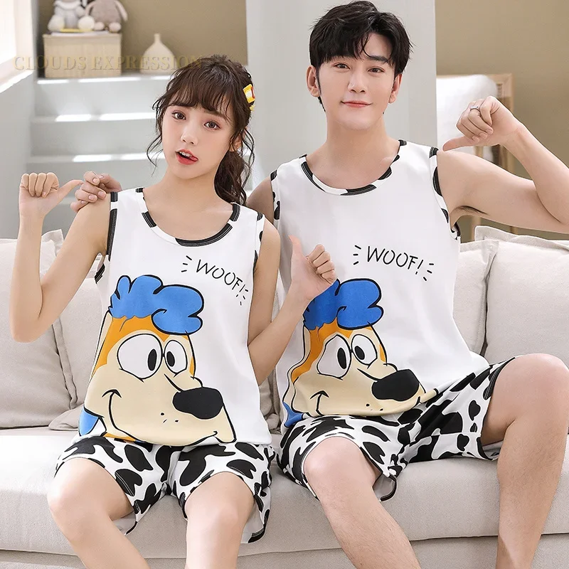 Summer Cartoon Dog Knitted Cotton Mens Pajama Sets Men's Sleep&Lounge Sleeveless Polka Dots Pants Male Pajamas Fashion Homewear