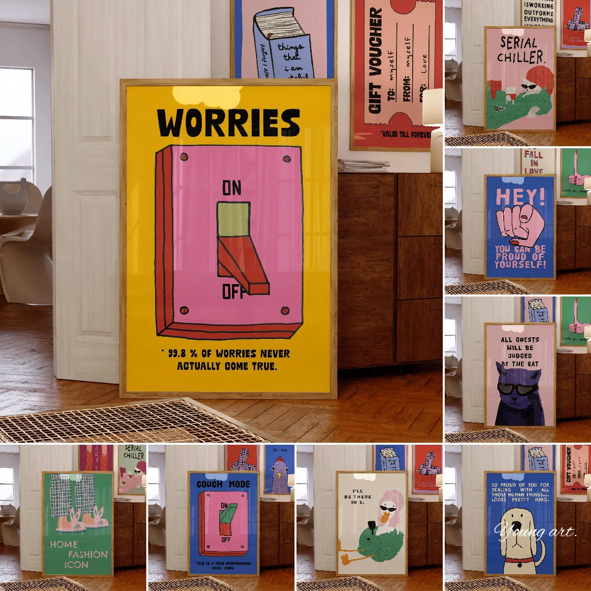 Vintage Dopamine 'Worries Off' Switch Leinwanddrucke Poster Retro Lustige Abstrakte Tierästhetik Kunstdrucke Wandkunst Heimdekoration