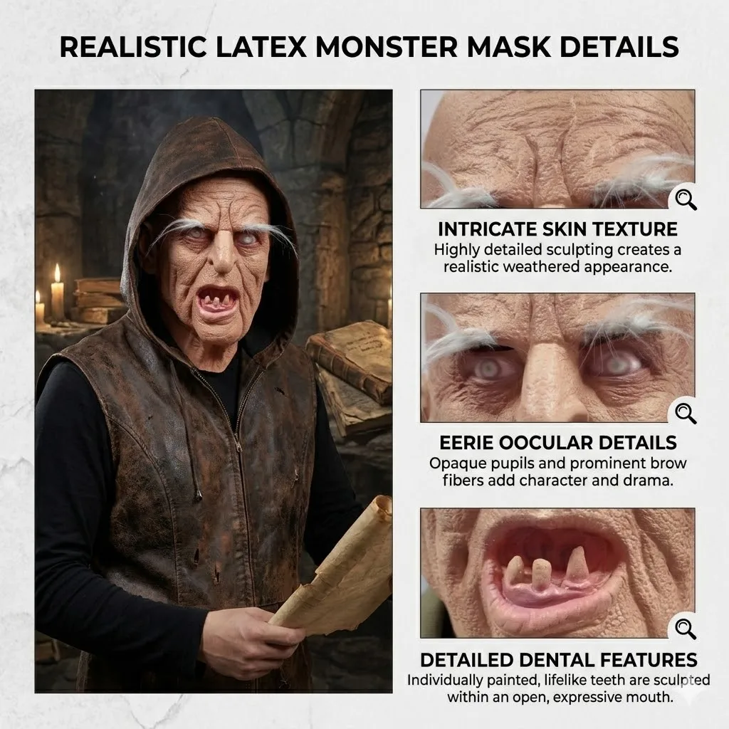 Realistische Horror-Maske eines alten Mannes aus Latex mit faltigem Gesicht, krummen Zähnen und weißen Augenbrauen, gruseliges Halloween-Kostüm, Party-Requisite – Detail 6