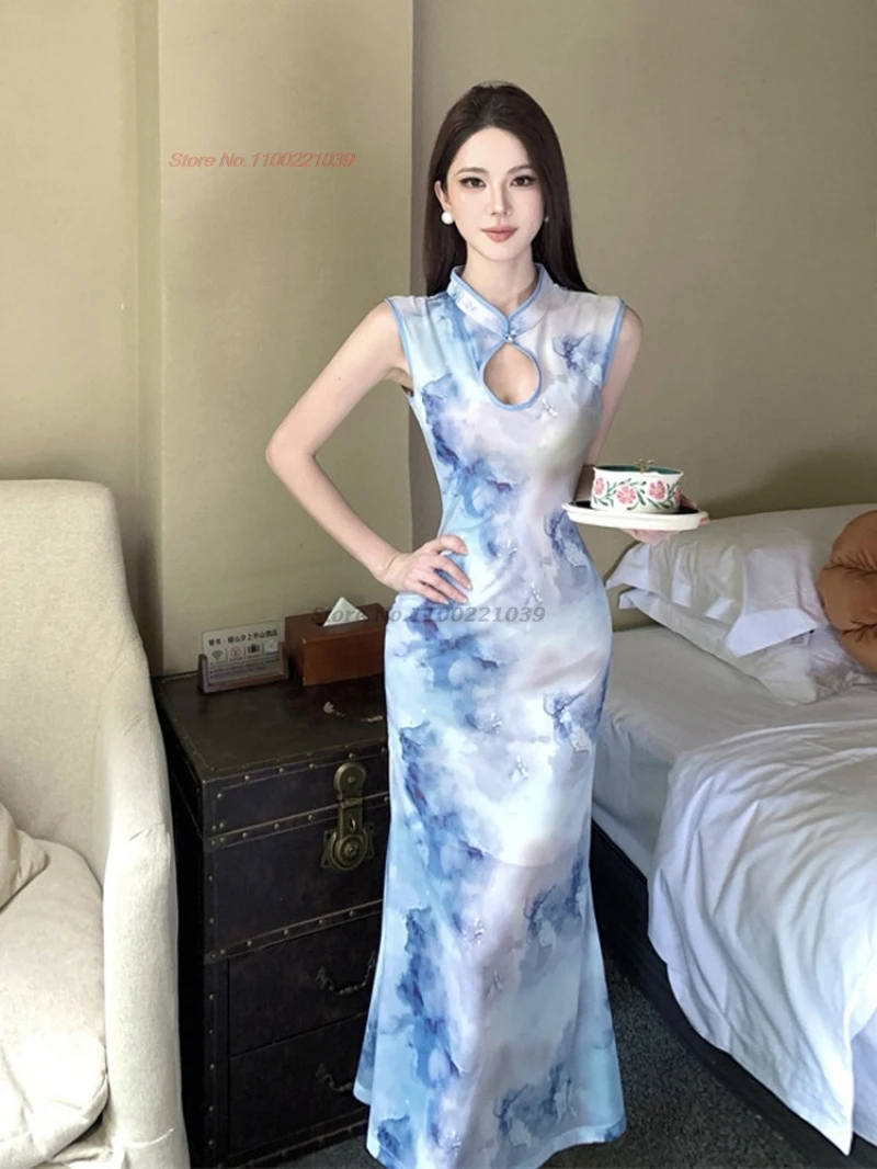 

2026 Китайское сексуальное ципао без рукавов, винтажное, с цветочным принтом, сетчатое, традиционное вечернее платье для ночных клубов и банкетов.