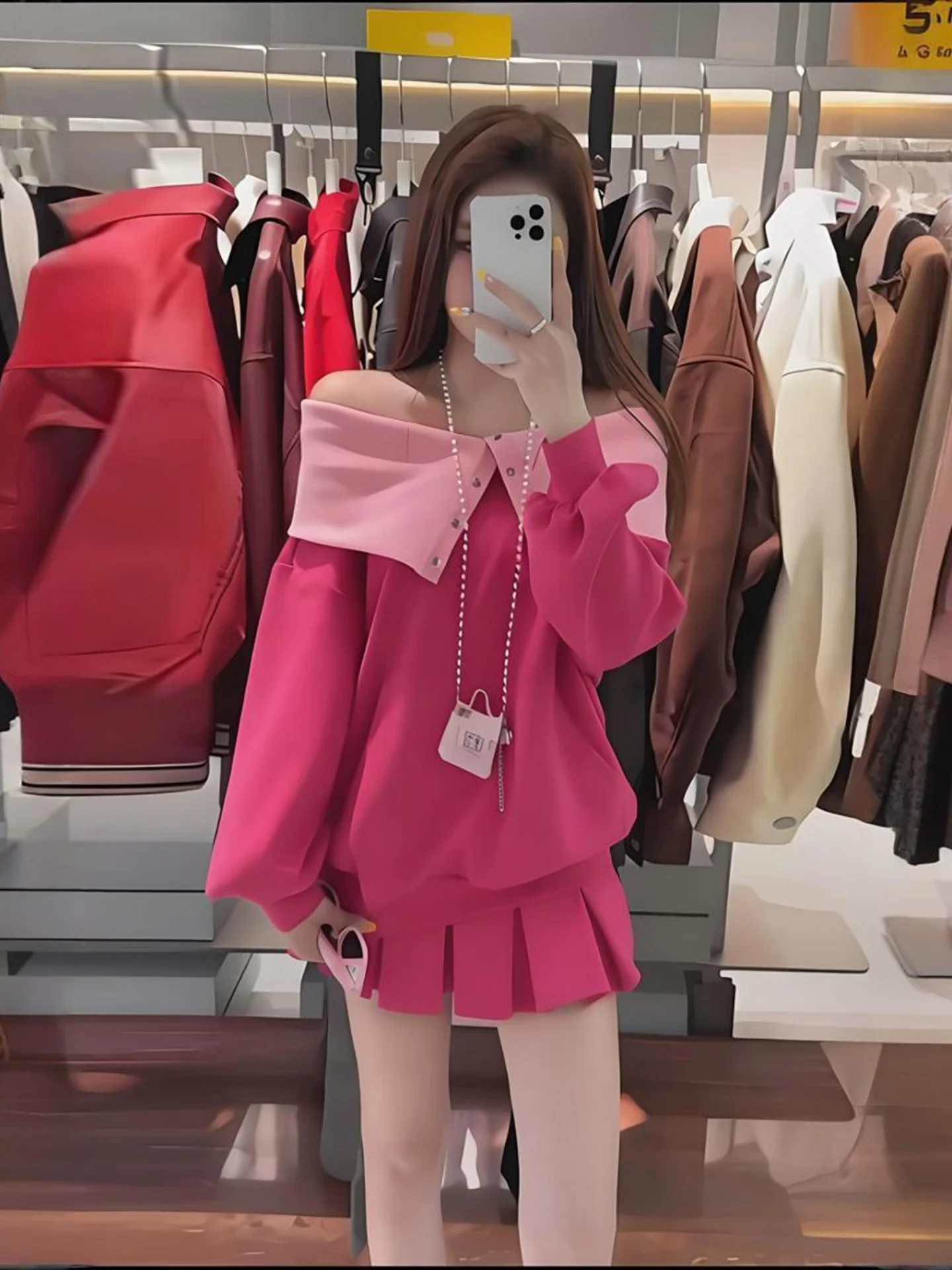 

Romantic Atmosphere Shoulder Bared Women's Fashionable Two-Piece Set Spring New Style Skirt Trendy Long Sleeve round Nec...