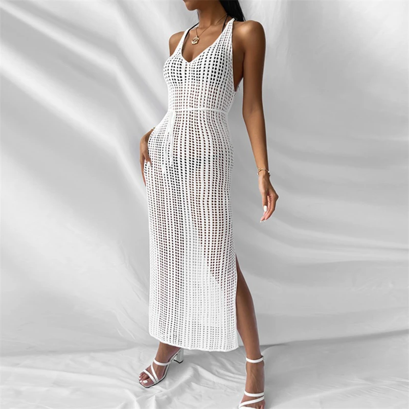 Crochet Tunic Knitted Kaftan Sexy Backless Vestidos Hollow Out Robe Long Beach Dress Slit 2024 Outer Cover Women Cover-ups Swim