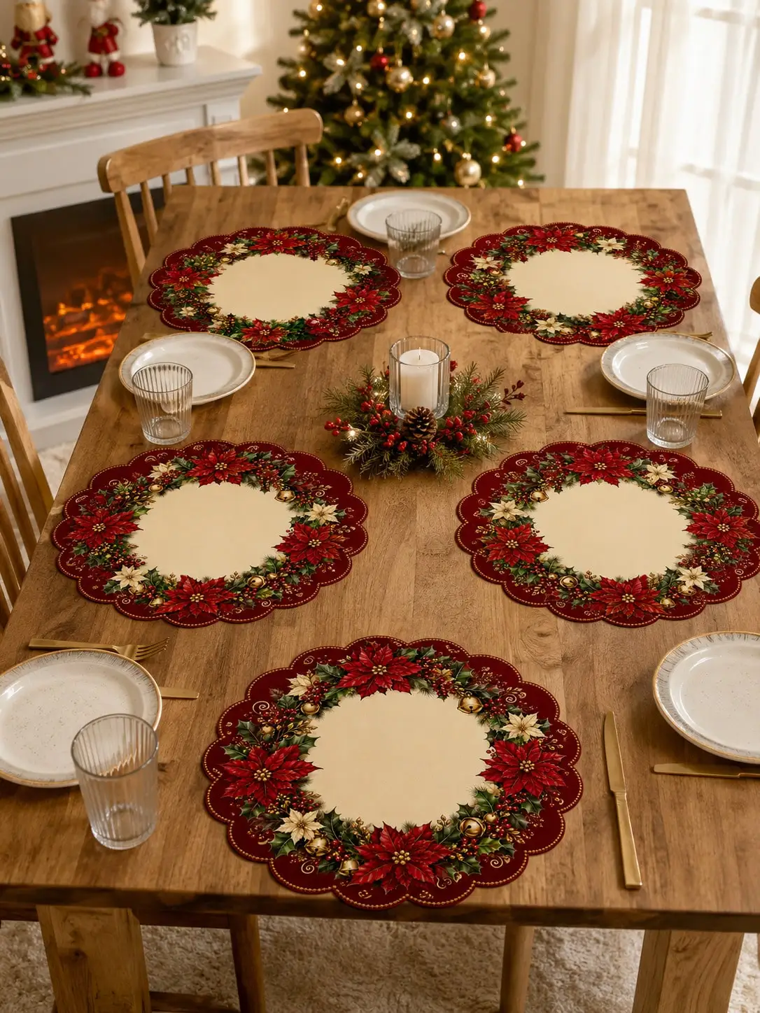 Red Poinsettia Christmas Placemat, White Christmas Flower, Holly Leaf, Berry And Gold Bell Wreath Print Table Mat, Suitable For Christmas Dinner, Family Gathering, Table Setting And Holiday Home Decor