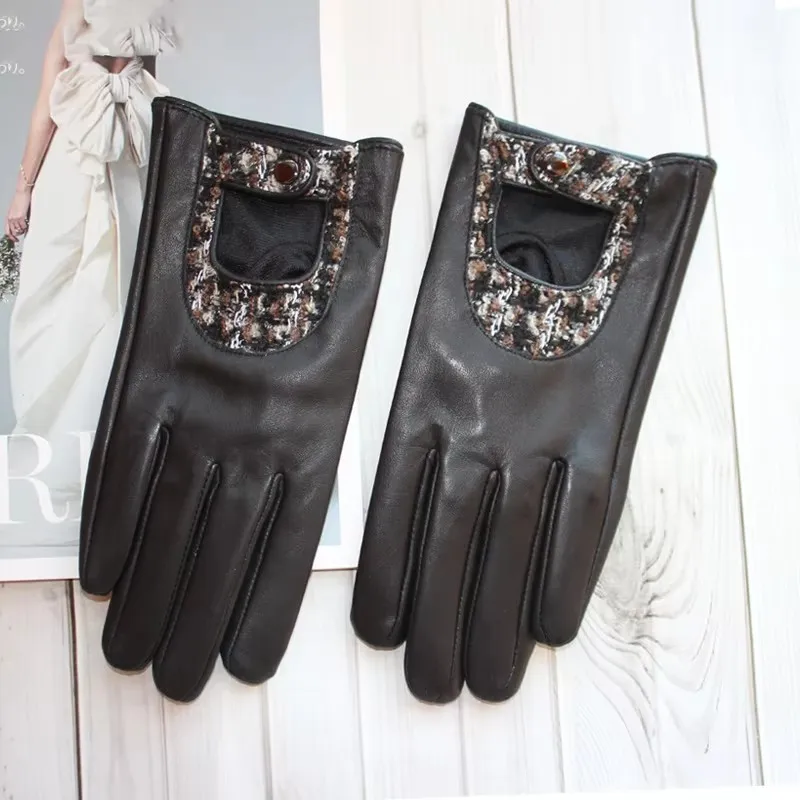 New Ladies Sheepskin Gloves Touch Screen Thin Silk Lining Embroidered Stitching Button Style Outdoor Riding Driving Gloves Autum