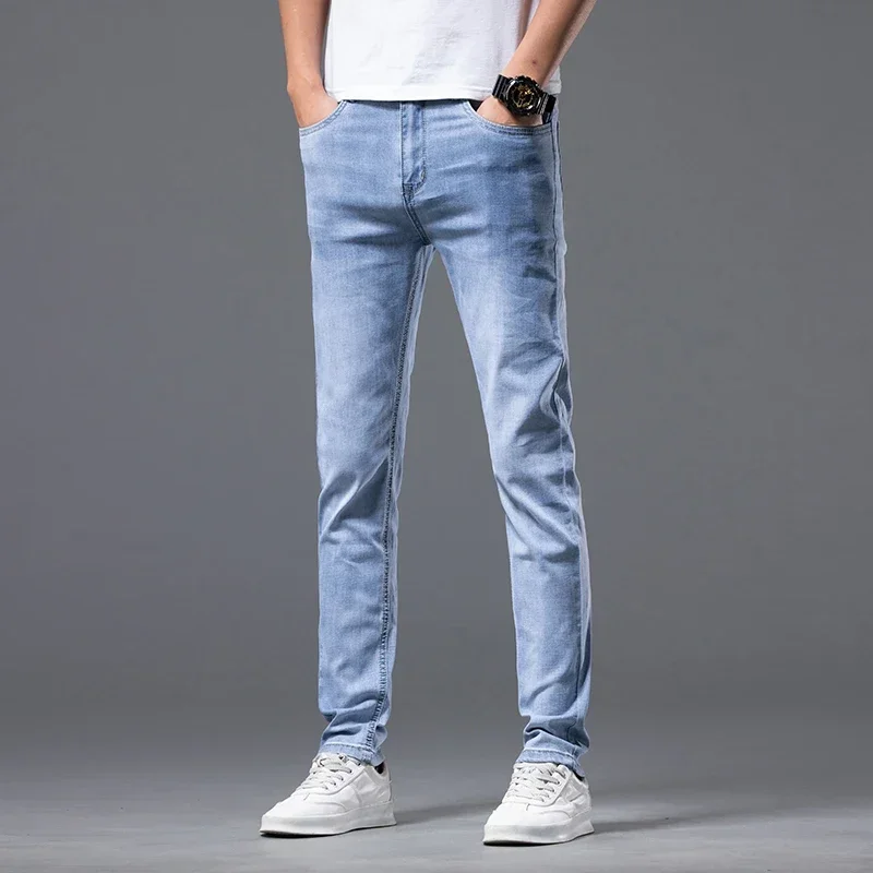 Spring Summer Men Jeans Solid Pockets Stretch Denim Straight Pants Business Casual Trousers Daily Streetwear Men's Clothing