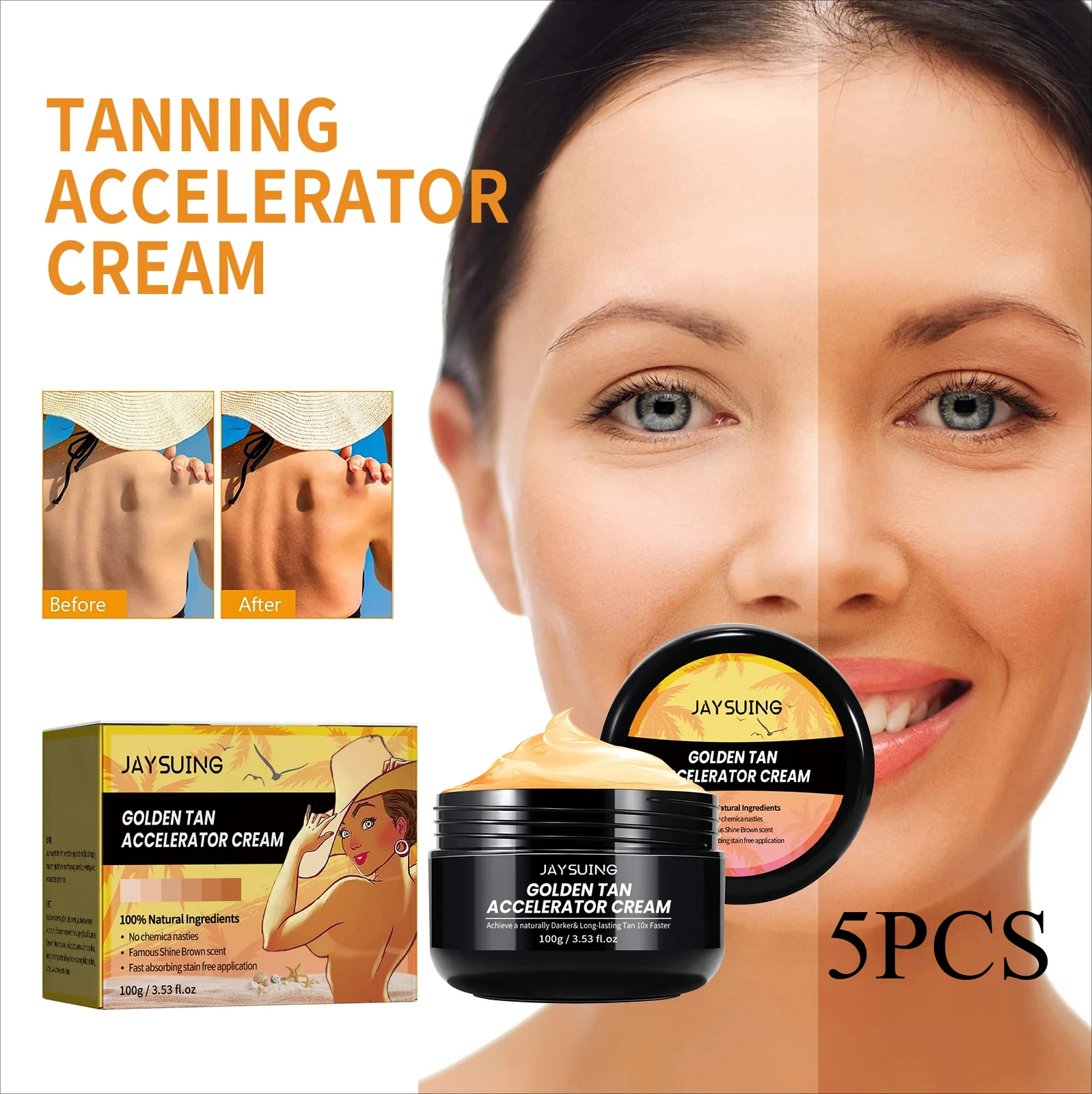 5Pcs Golden Tan Accelerator Cream Create Natural Bronze-Colored Skin Refreshing Non Greasy Moisturizing Body Tanning Products