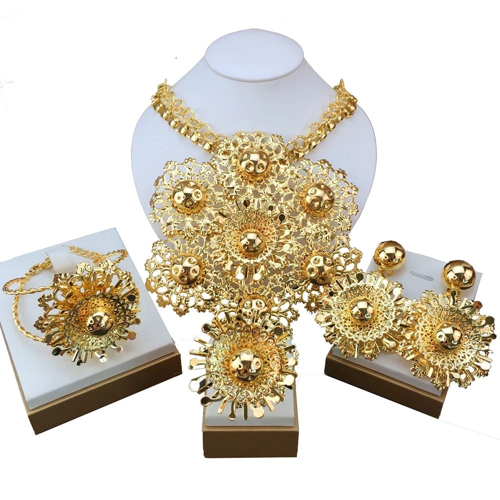 New Fashion Trendy Women Jewelry Set Brazilian Gold-Plated African Wedding Bridal Big Flower Pendant Necklace Gifts FHK18837