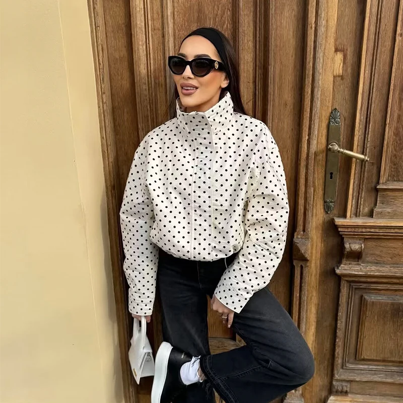 

Women's Jackets Coats Autumn Fashion Polka Dot Turtleneck Long Sleeve Loose Coats Streetwear Female Outerwear Chic Tops
