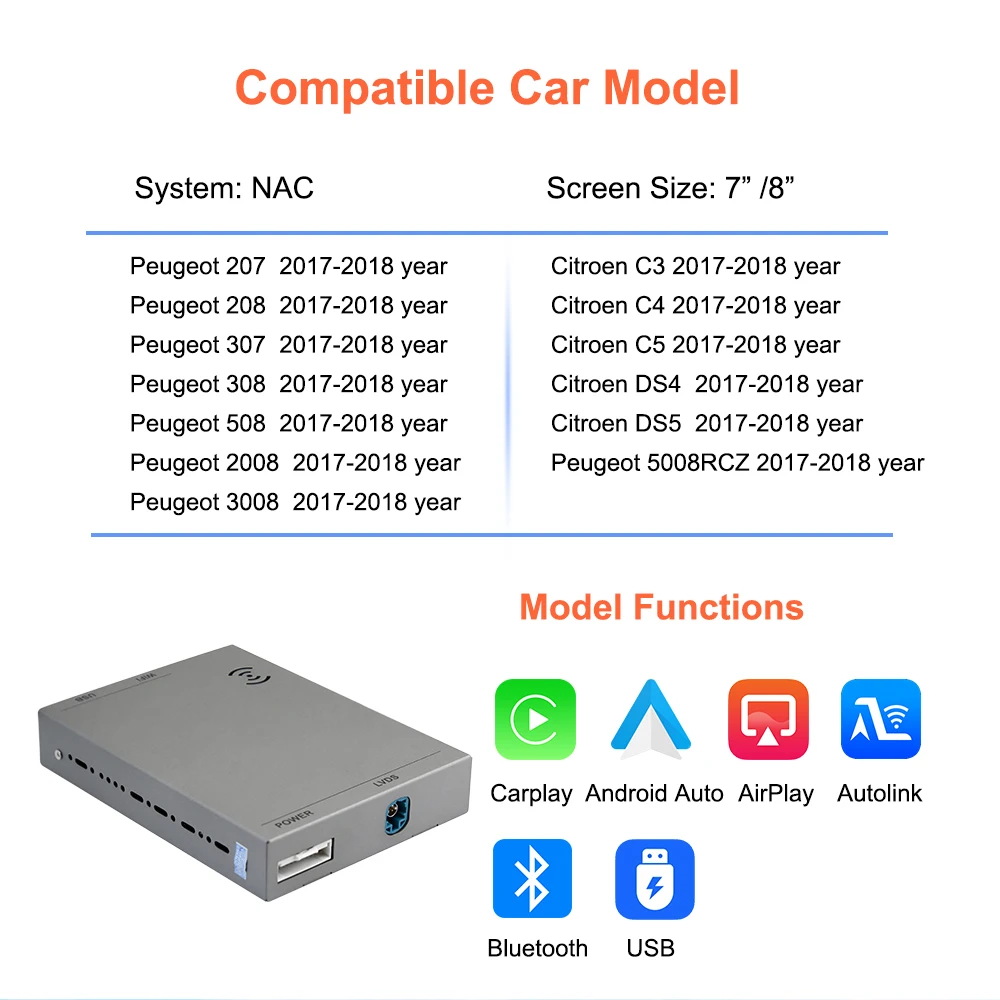 Bonroad Wireless Carplay Android Auto Nachrüst-Kits, passend für Peugeot&Citroren SMEG&MRN NAC 208 308 508 3008&C4 DS3 DS4 DS5 – Detail 4