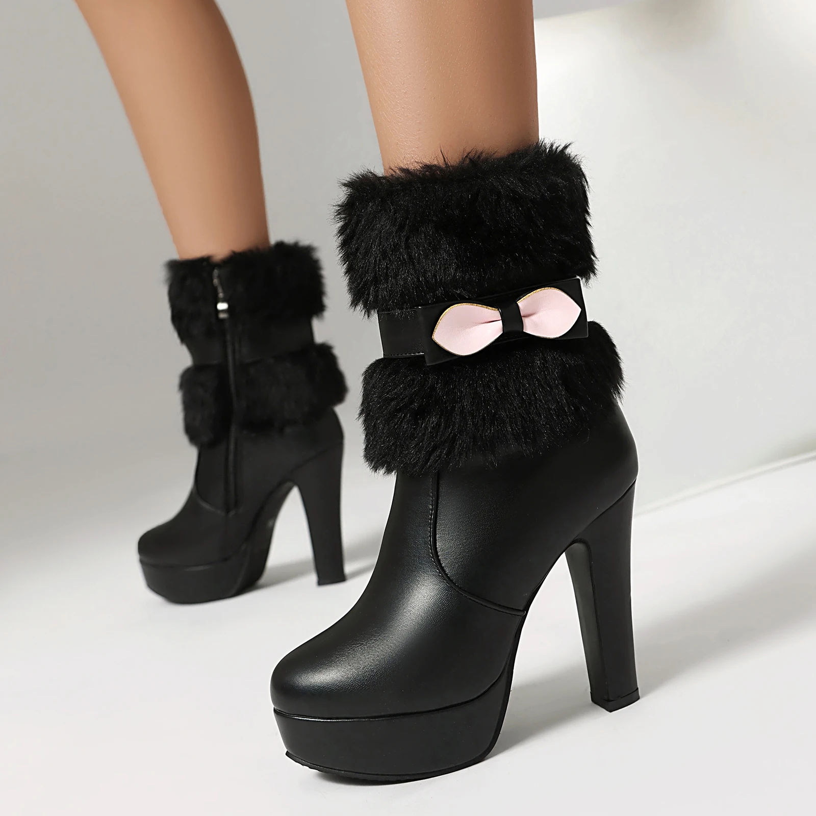 

Women's Ankle Boots with Fur Platform Shoes Bow Decor 2024 Winter 11.5cm Heels Footwear