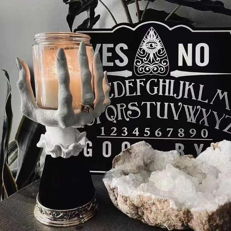 Ins Style Halloween Candle Holder with Palm Tray – Resin Craft Decor for Christmas Dinner Table & Candlelight Setu