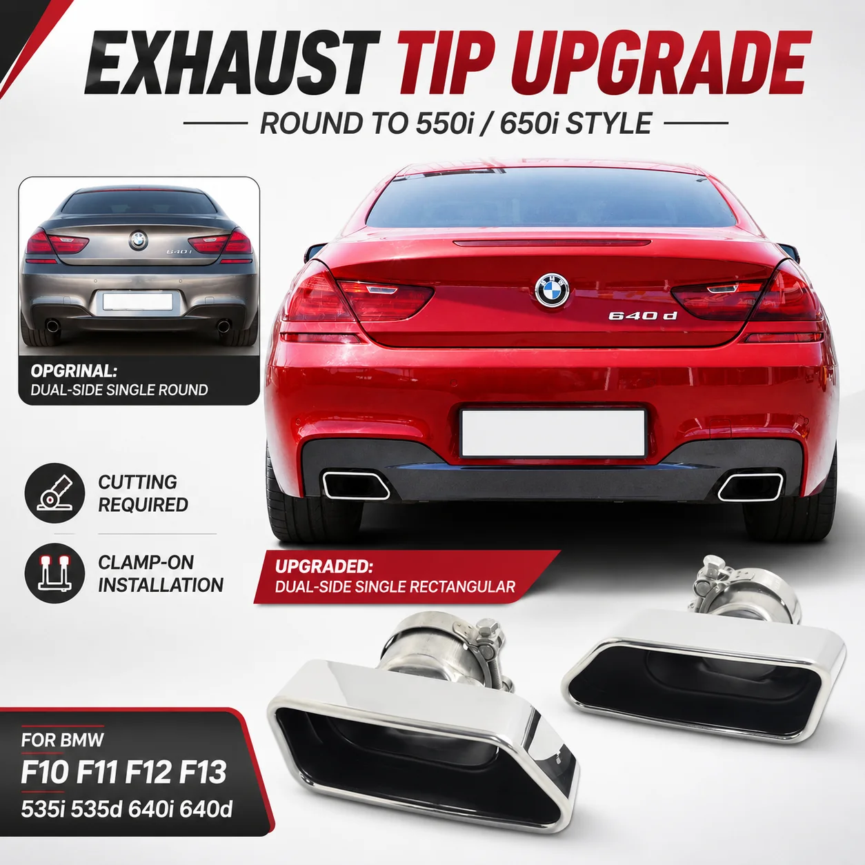 Auspuffrohr für BMW F10 F11 F12 F13 535i 535d 640i 640d Upgrade 550i 650i Stil Rund zu Quadratisch Endrohr Schalldämpfer Spitze Düse