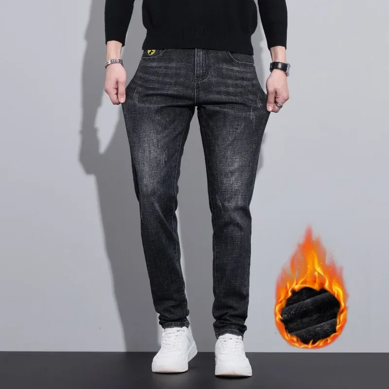 جينز شتوي من الصوف باللونين الأسود والرمادي للرجال مستقيم نحيف قابل للتمدد غير رسمي متعدد الاستخدامات وبسيط سميك أزرق ورمادي #4