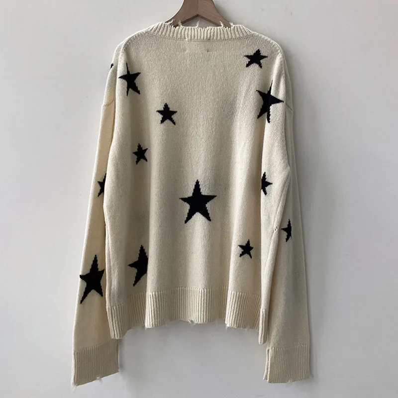 Zadig Women Sweaters Casual Beige Long Sleeve Sweaters Tops Female Crew Neck Cashmere Star Stylish Ripped Edges Pullover Top