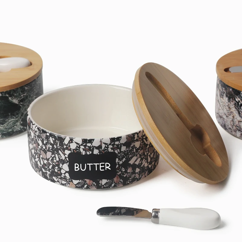 Nordic minimalist ceramic storage jar sealed jar round with wooden lid kitchen butter cream cheese storage box kitchen supplies