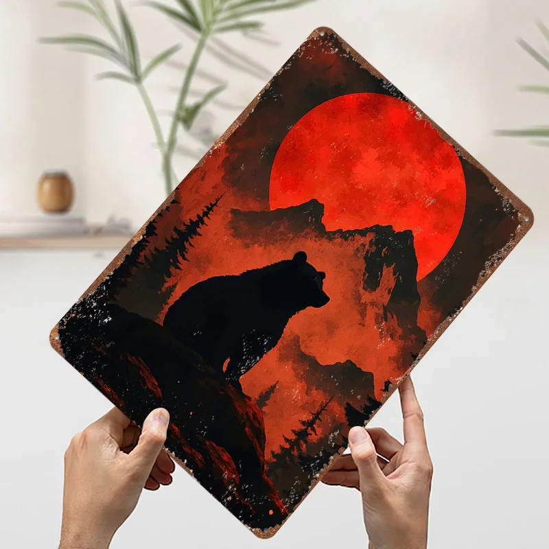 Bären-Silhouette unter rotem Mond, Metallposter, Metallschilder, Wandkunst, Garage, Dekorationen für Zuhause, individuelles Blechschild für Heimdekoration