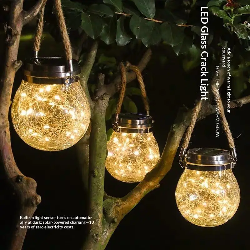 Solar Cracked Glass Hanging Light Warm LED Fairy Lamp Waterproof Auto On Off Decor Lantern For Garden Patio Yard Decoration