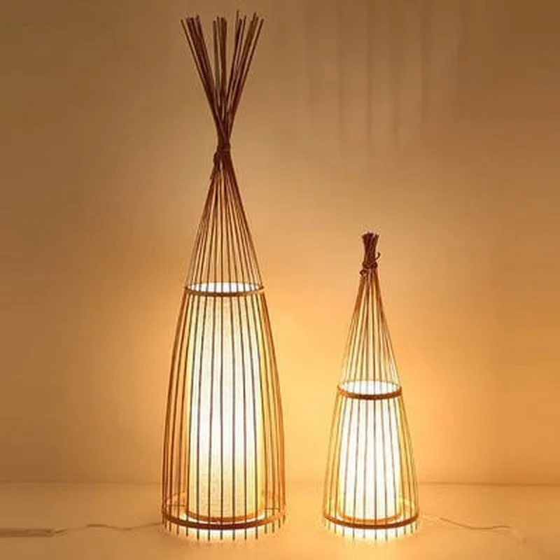 Chinese Vintage Hand Woven Bamboo Floor Lamp Teahouse Standing Lamp E27 Living Room Southeast Asian Rattan Light Fixtures