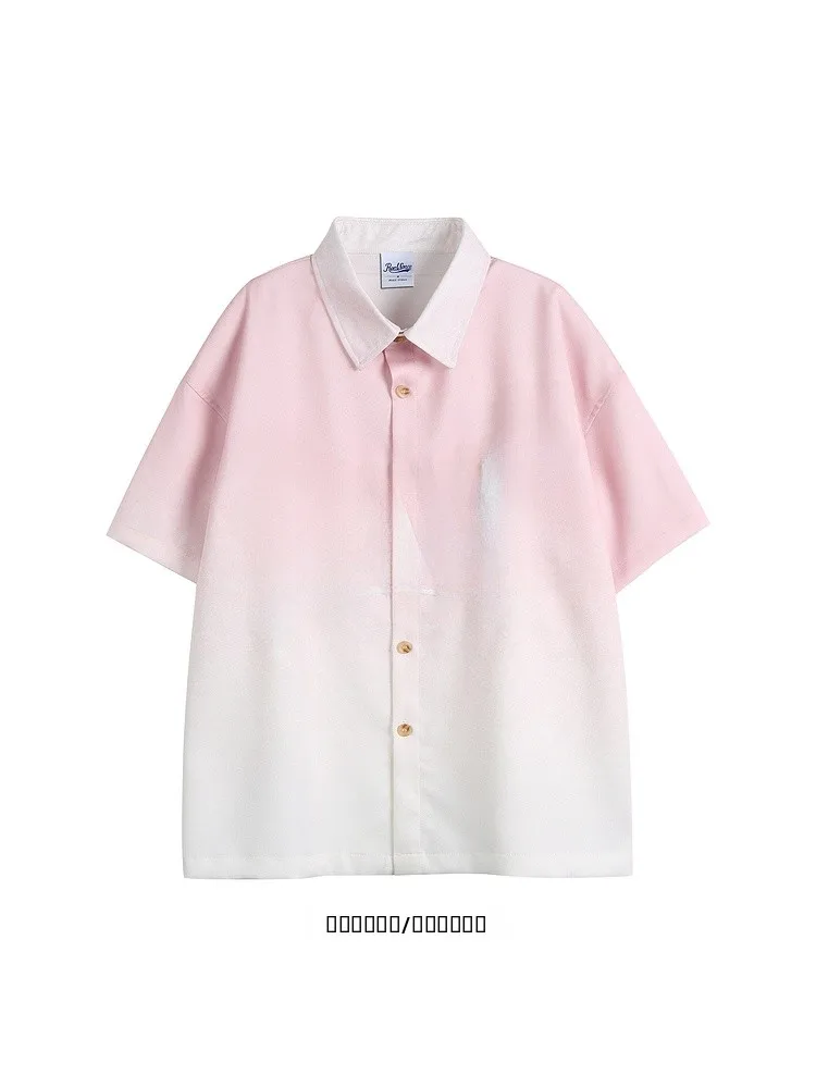 

Loose Fit Short Sleeve Letter Print Gradient Shirt Versatile Summer Casual Youthful Style from Teenage Boy's Fashion