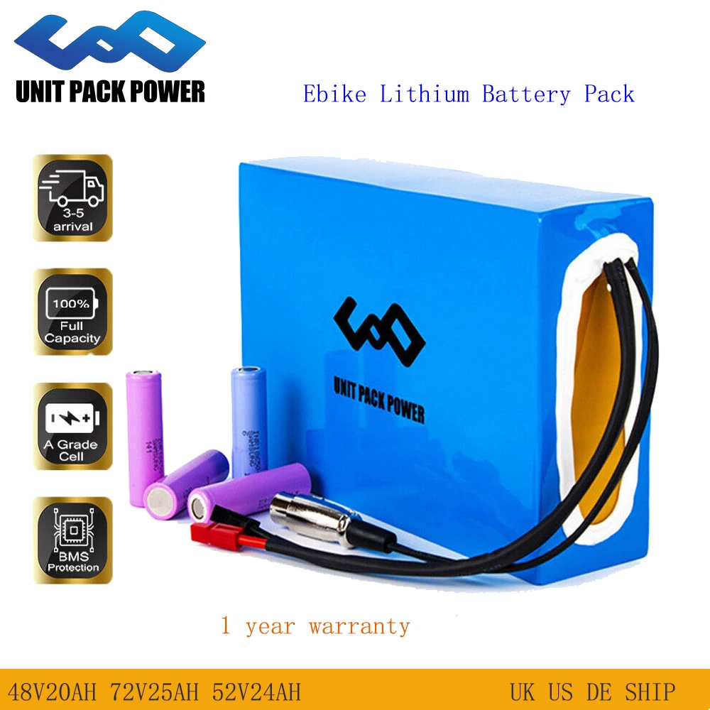 36V Ebike Battery 48V 20AH 18650 Cell 52V 24AH 60V Rechargeable Lithium Pack Battery for 1500W  Bike Electric Scooter