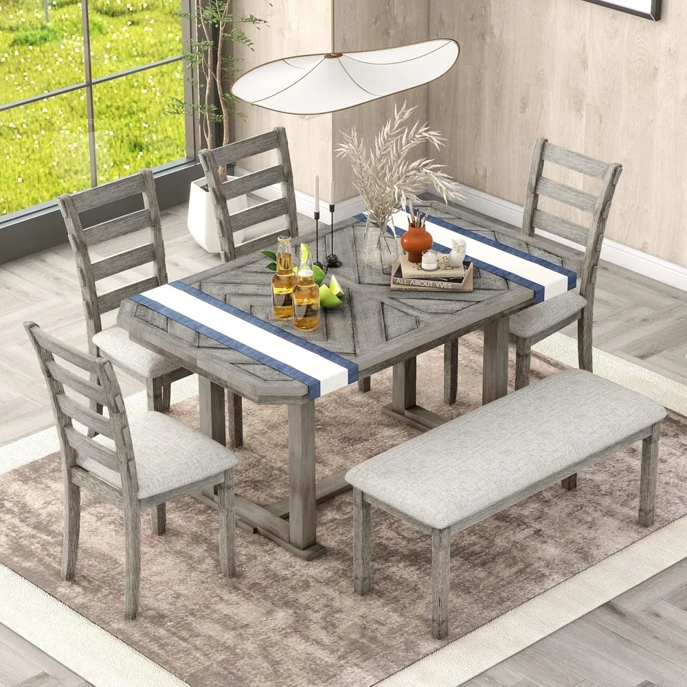 6-Piece Rubber Wood Dining Table Set with 4 Cushioned Chairs and Bench, Beautiful Wooden Grain Pattern Tabletop, Grey wood table