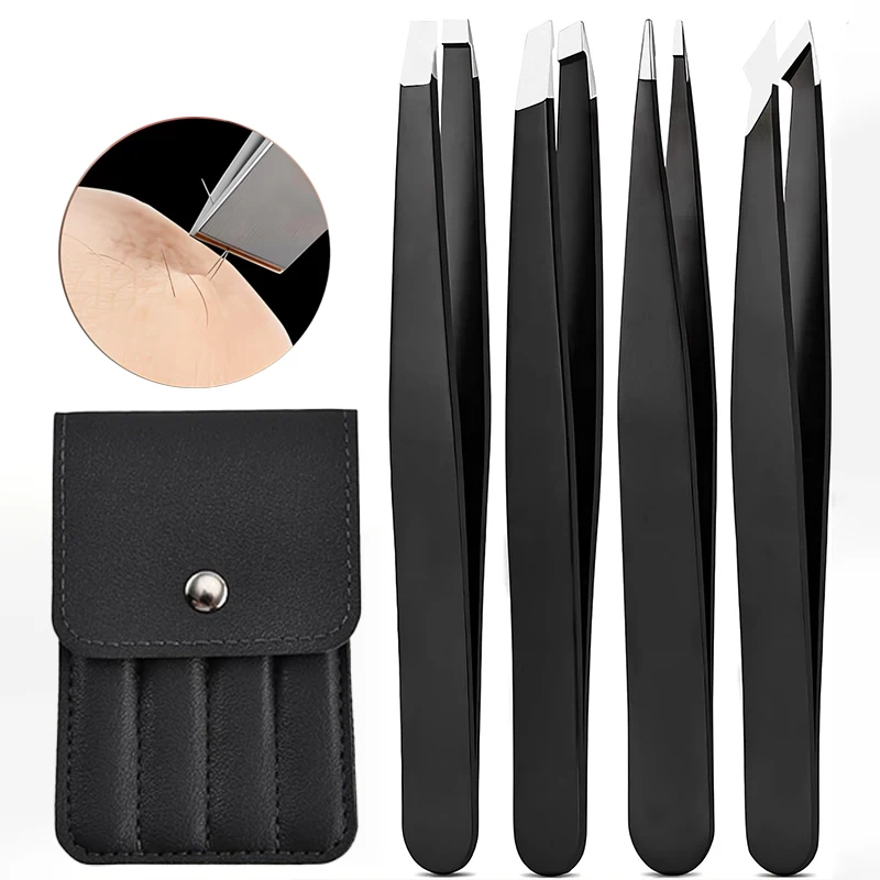 Tweezers Set 4 in 1 Pack l Professional Stainless Steel Tweezers for Eyebrows l Great Precision for Facial Hair, Splinter and In