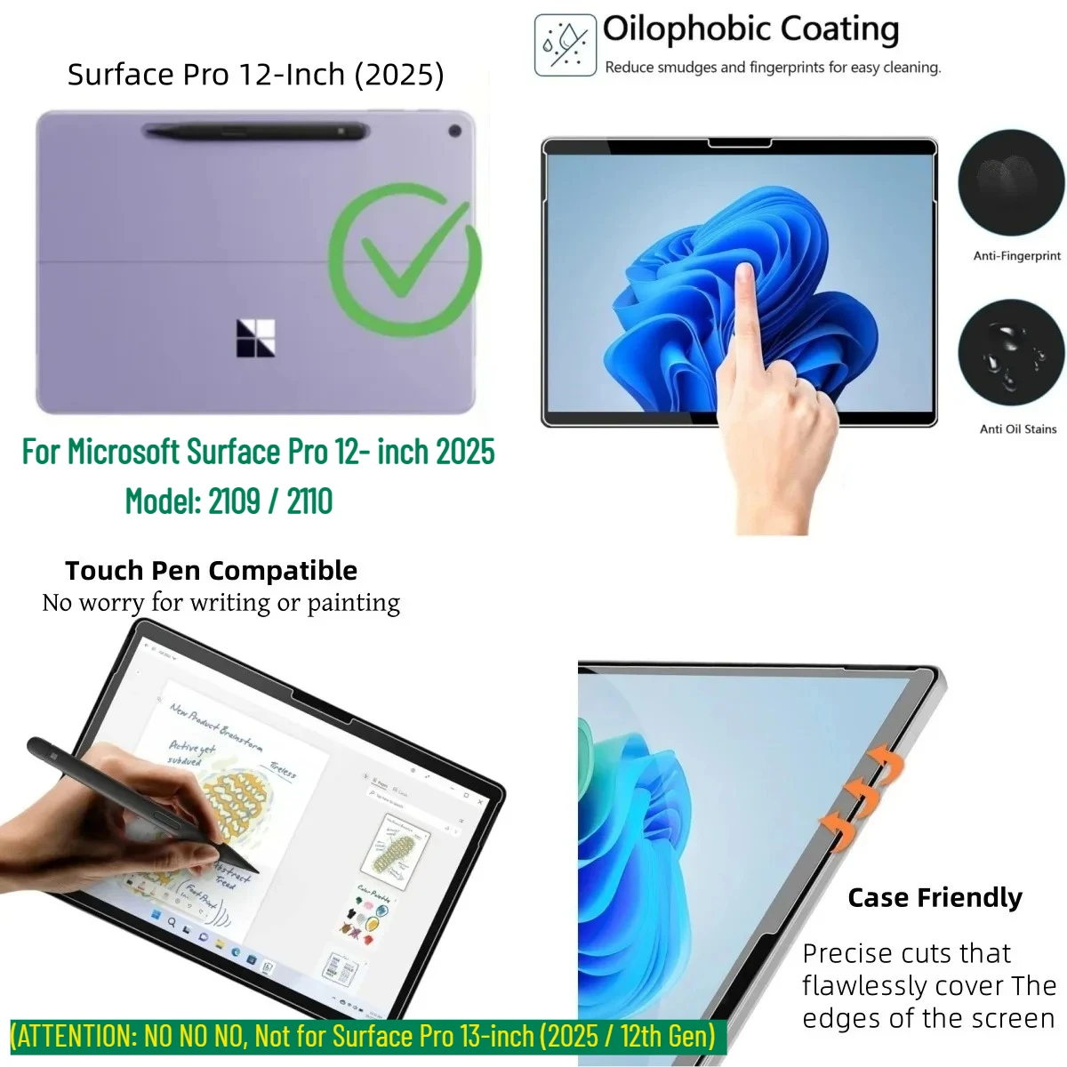 2 Pack Screen Protector for Surface Pro 12 Inch 2025 Tempered Glass Film Anti Scratches for Surface Pro 12-inch Model 2109 2110