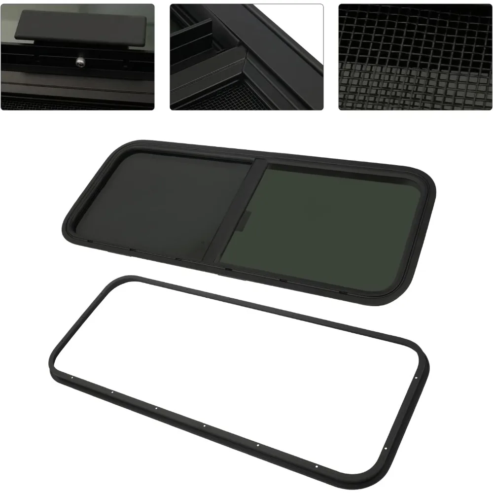 نافذة RV عالمية، 42 عريضة × 22 عالية، زجاج مقسى منزلق أفقي مع شاشة، زخرفة سوداء، تصميم دمعة عالية الخصوصية