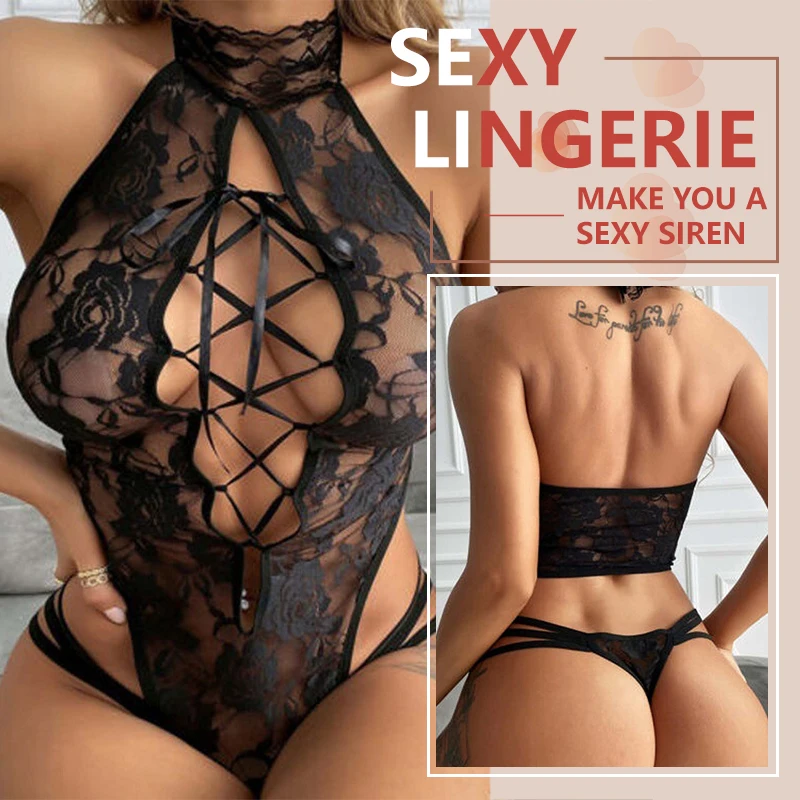 

Black Temptation Women's Sexy Lingerie Erotic Rose Lace Hollowed Out Strap One-piece See-Through Costume