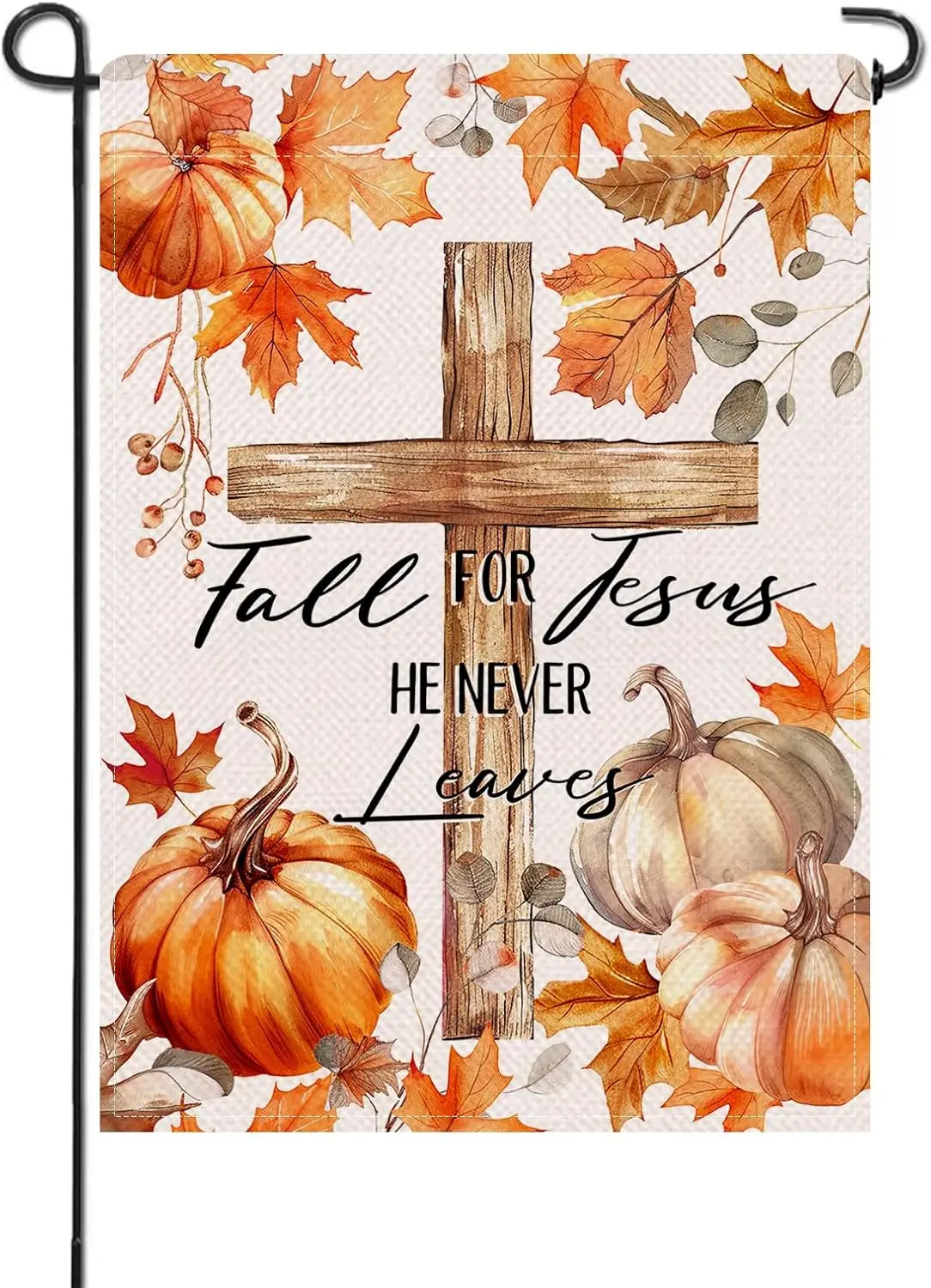 Artofy Fall for Jesus He Never Leaves Christian Small Decorative Garden Flag, Religious Autumn Cross Pumpkin Maple Leaves Ya UUN