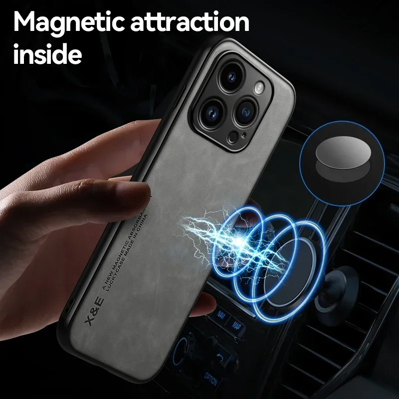 Funda de Cuero de Lujo para iPhone 17 16 16e 15 14 13 12 11 Pro Max Plus 12 13 Mini SE 8 7 con Placa Metálica para Soporte de Auto 3