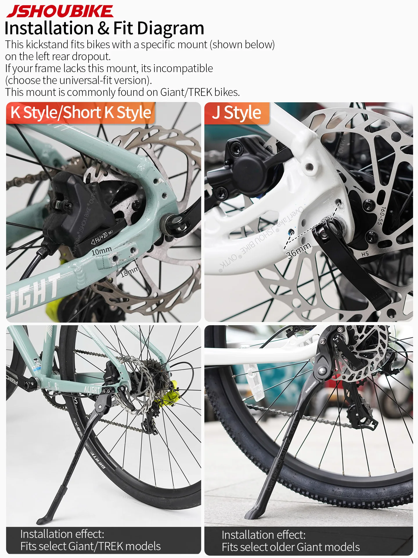 JSHOUBIKE New Generation Adjustable Bicycle Kickstand Aluminium Alloy for GIANT ATX XTC MARIN TREK 18/20/22/24/26/27.5/29 Inch