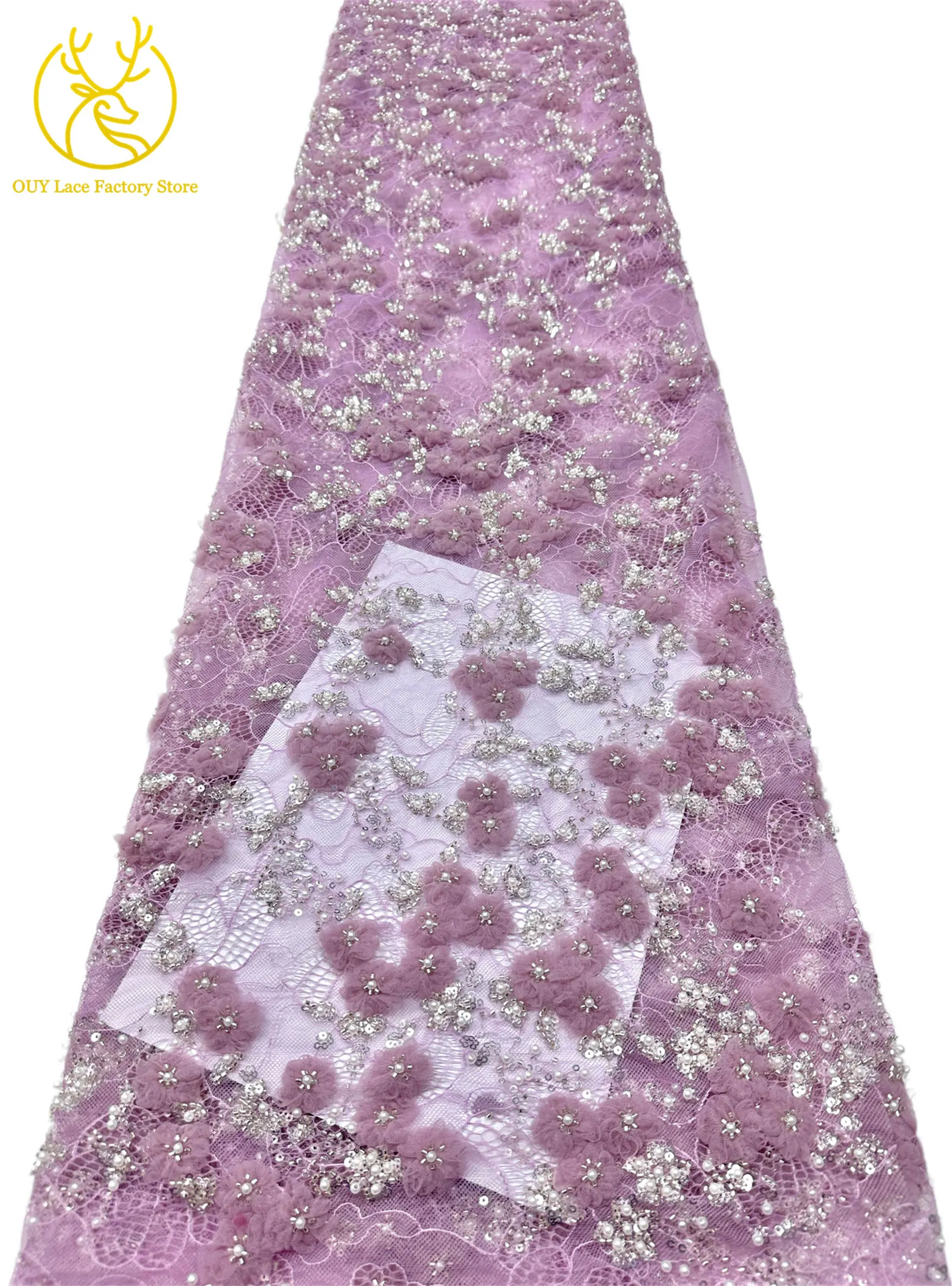 Französische Stickerei, kleiner Pflaumenblüten-Perlen-Spitzenstoff, exquisiter nigerianischer Perlen-Pailletten-Spitzenstoff für Hochzeitskleider zum Nähen – Detail 14