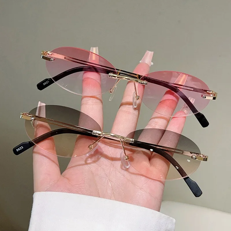 Rimless Oval Sunglasses Men Fashion Gradient Decor Shades Women New Trendy Vintage Brand Design Casual Sun Glasses