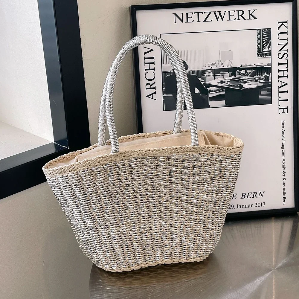 

Bohemian Silver Basket Bags for Women Handbags Travel Beach Bag Handmade Woven Straw Shoulder Bag Top Handle Shopper Purses NEW
