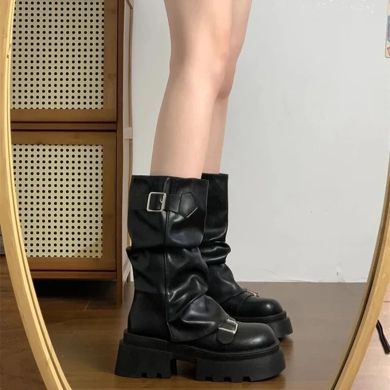 

Retro Women's Mid Calf Boots Fashion Stack Slouch Boots Exquisite Round Head Platform Boots for Woman Designer Shoes Botas Mujer
