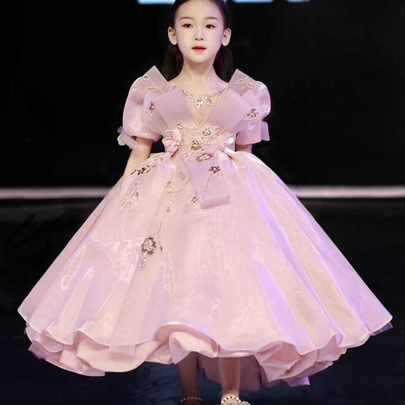 Children's Catwalk Formal Dress Pink Flower Girl Princess Tutu Skirt Girls Piano Performance Host Costume Christmas Easter Dress