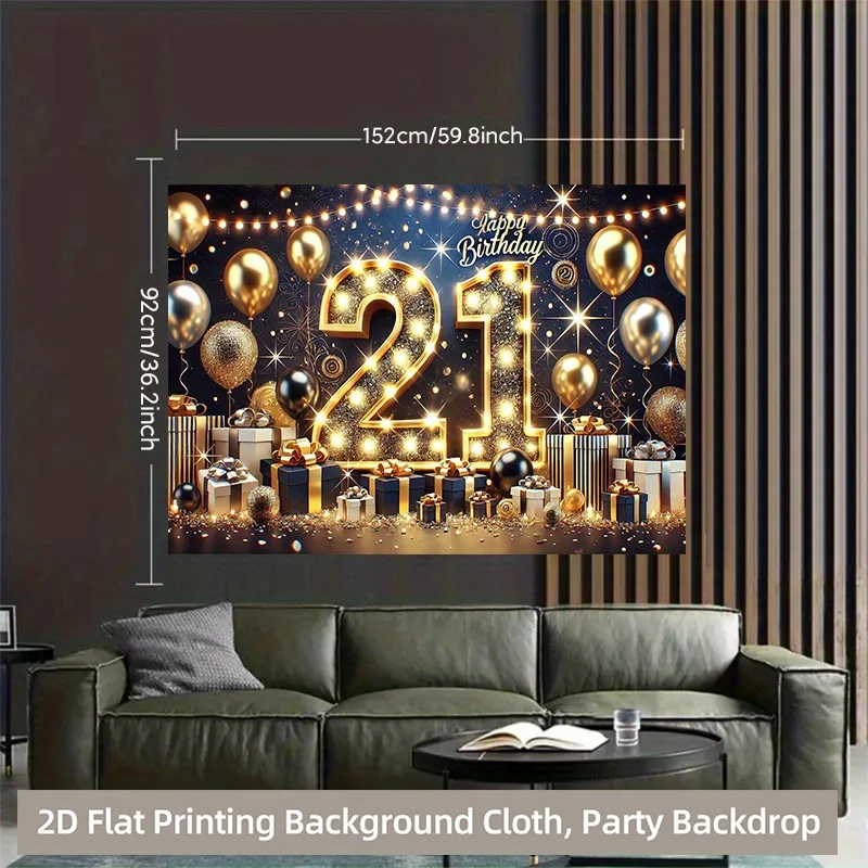 21st Birthday Tapestry, Glowing Number 21 with Balloons and Confetti, Black Gold Party  for Photo Booth and Celebration Decor